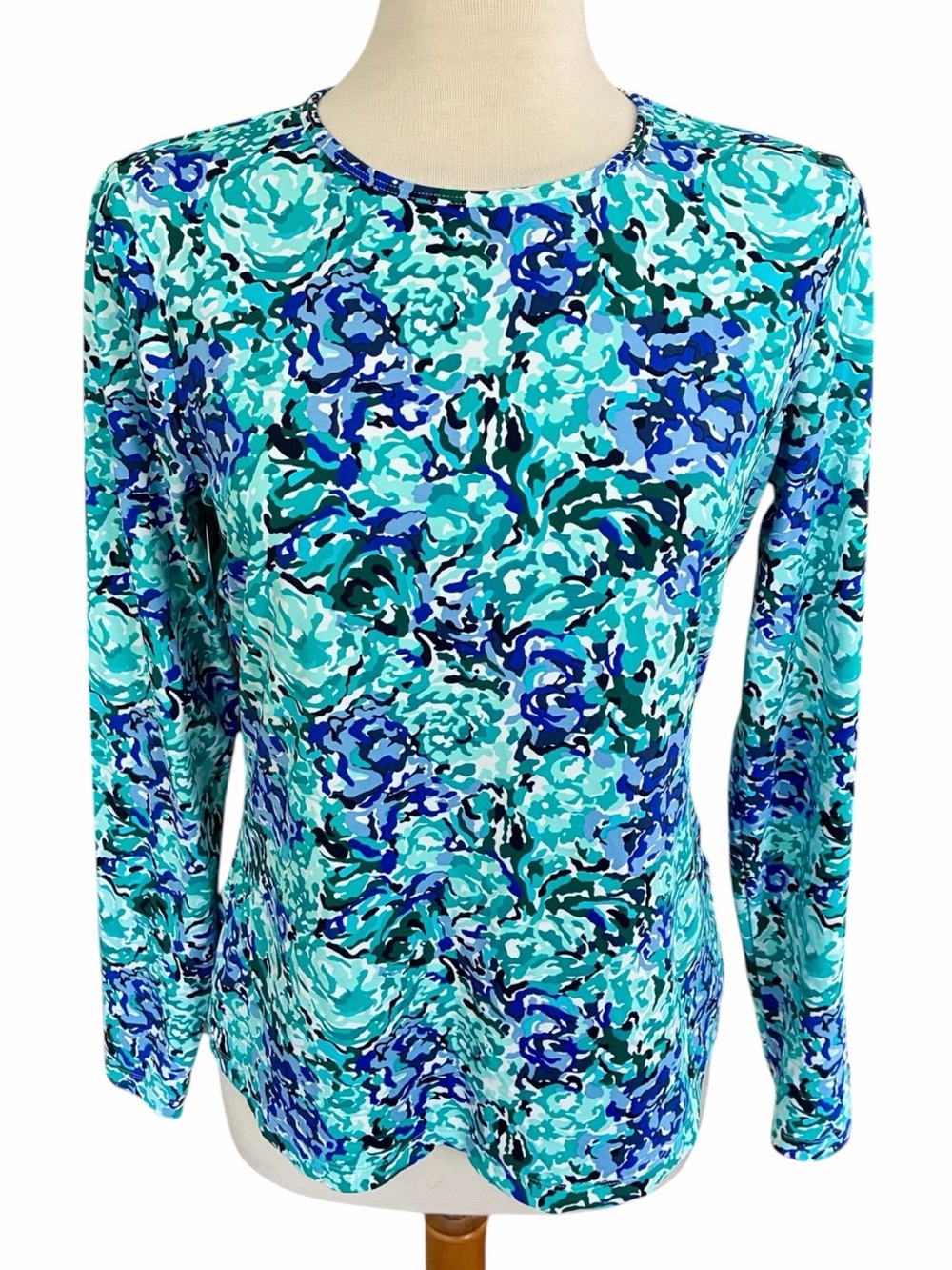 Lands' End Deep Sea Avery Waves Rash Guard Swim Top Women's Medium 10-12